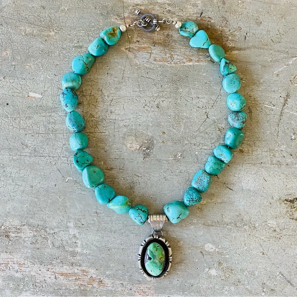 SOLD ♥️ Navajo ♥️ Vintage Sterling Silver & Turquoise Toggle Necklace - Picture 1 of 8